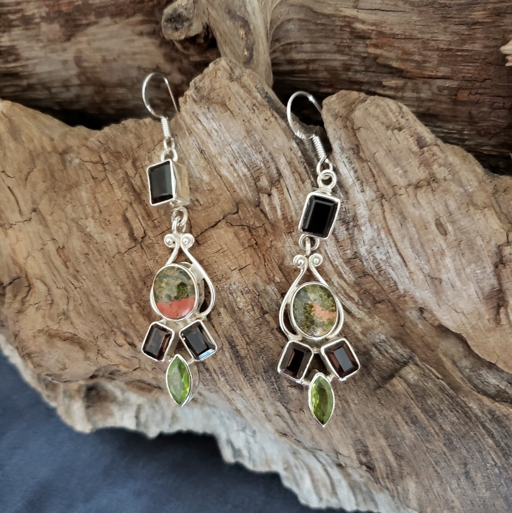 Sterling silver Unakite, Smokey Quartz earrings